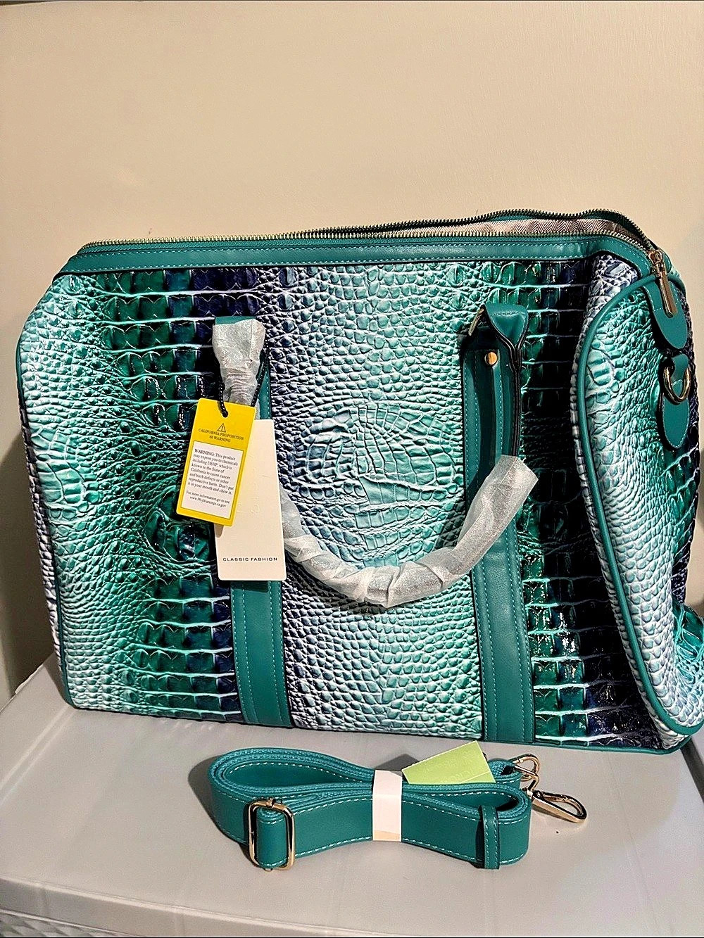 Crocodile-Embossed Large Tote Travel Bag in Teal, Green & Purple NWT